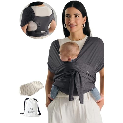 Konny Baby Carrier Flex AirMesh with Head Support - Adjustable, Easy to Wear, Hands-Free Breathable Baby Wrap Sling, Perfect for Newborn Babies Essentials up to 44 lbs (M-4XL) -Charcoal