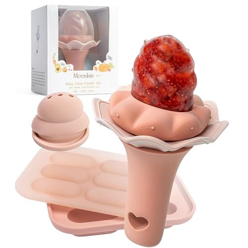 Moonkie Baby Fruit Feeder with Freezer Tray, BPA Free Silicone Food Feeder for Infant Self Feeding, Breastmilk Popsicle Molds, Mesh Feeder with Two Pouches, Baby Shower Gifts 4 Months+, 2 Pack