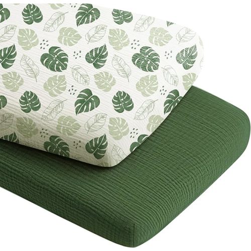 Konssy 2 Pack Muslin Bassinet Sheets for Boys, Girls, 100% Cotton Soft Breathable Fitted Bassinet Mattress Sheet, 33 x 21 inches (Sage Green,Leaf)