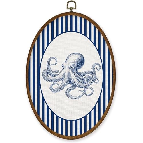 WULQYING Coastal Beach Octopus Wall Art Decor, Beach Nursery Oval Framed Canvas Art Prints, Blue Striped Ocean Octopus Wall Hanging Decor for Home Bedroom Kids Nursery Room, 8.6x11.4 Inches