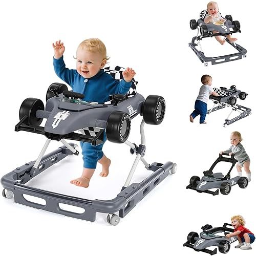 Baby Walker with Wheels, 4-in-1 Baby Walker for Boys Girls Foldable Activity Walker with Adjustable Height Toddler Infant Walker with Music and Lights Walker for Baby 6-24 Months, Grey