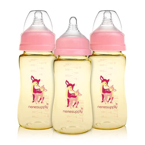 Nenesupply PPSU Baby Bottles Newborn Feeding Bottles Slow Flow Breastfeeding Bottle for Breastfed Babies Wide Mouth 11oz Anti Colic Level 2 Nipple for 1+ Month Infant Replace Spectra Bottle Pumping
