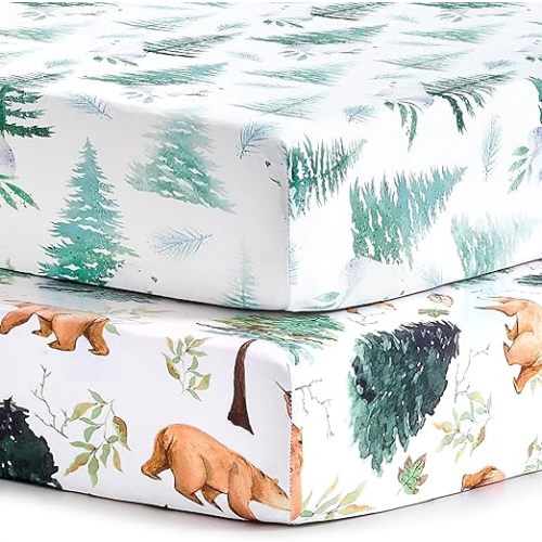 Pack n Play Sheets, BROLEX 2 Pack Mini Crib Sheets,Stretchy Portable Fitted Playard Sheet Set, Convertible Playard Mattress Cover,Ultra Soft Breathable Material,Brown & Polar Bears