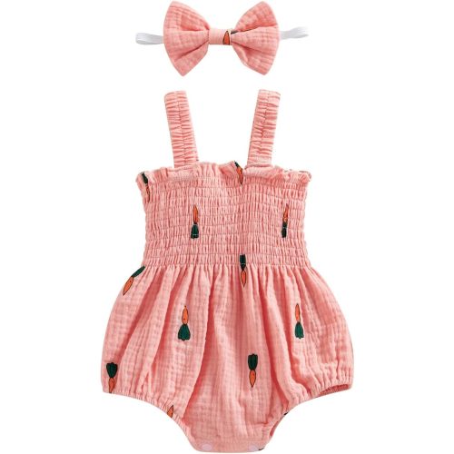 Newborn Baby Girl Summer Bodysuit Print One Piece Ruffle Strap Romper Jumpsuit Cotton Playsuit with Headband