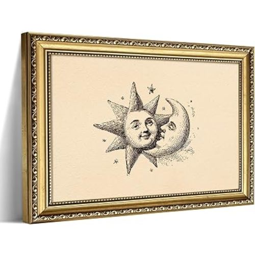 Vintage Gold Framed Wall Art, Whimsical Sun and Moon Kiss Canvas Wall Decor Painting, Romantic Mystical Celestial Artwork Poster Print Picture for Bedroom Living Room Home Decor 12x16 Inch