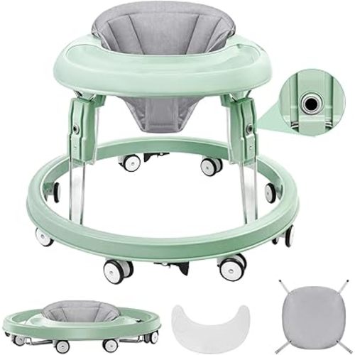 Baby Walker with Wheels, One-Touch Folding Baby Walkers, 7-Speed Height Adjustment with Large Dinner Plate, Anti-Roll 8-Wheel with Brake for 6-18 Months Baby (Green)
