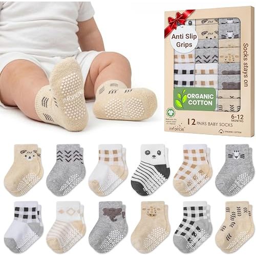 GOTS Organic Cotton Blend 12 Baby Socks Newborn 6-12 M Boy Non Slip Gift