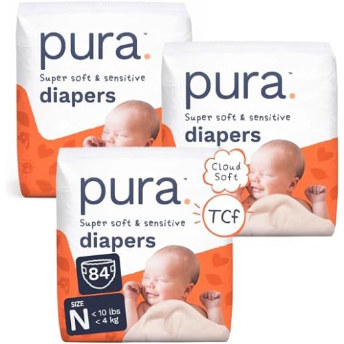 Pura Baby Diapers Newborn (Up to 10 lbs) 84 Count Sensitive Skin