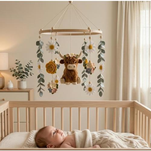 Highland Cow Baby Mobile, Wool Felt Daisy Flower Crown Nursery Decor, Scottish Farm Crib Mobile, Gender Neutral Baby Shower Gift