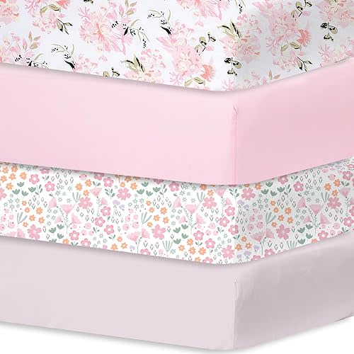 Little Grape Land Crib Sheets for Boys Girls,Baby Crib Sheets Fitted 4PK for Standard Crib and Toddler Bed Mattress,52"x28"Soft Breathable Microfiber Crib Mattress Cover with Cute Patterns(Flower)