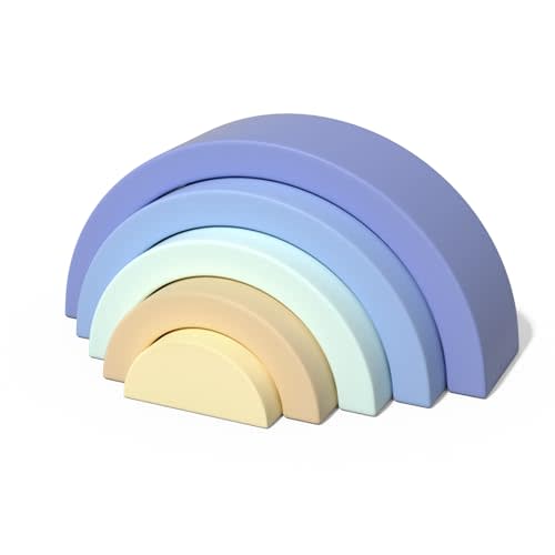 Asweets Wooden Stackable Rainbow Toy, 5 PCS Wooden Building Blocks Set for Baby, Kids and Toddlers, Montessori Rainbow Nesting Puzzle, Enhance Hand-Eye Coordination, Cognitive Development, Blue
