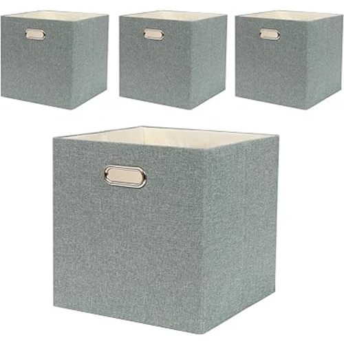 Collapsible Organization Basket Fabric Foldable Box with Handles, 13x13 Cube Storage Bins Set of 4, Thick and Heavy Duty Storage Baskets for Kallax Shelf Bedroom Living Room, Light Sage Green