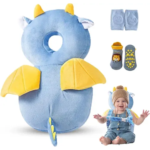 Baby Head Protector Backpack – Toddler Safety Cushion for Crawling & Walking – Infant Fall Protection Pillow with Adjustable Straps – Comes with Knee Pads & Non-Slip Baby Socks (Blue Dragon)