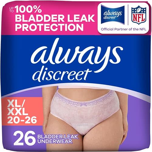 Always Discreet Adult Diapers for Women, Incontinence Underwear, Postpartum Essentials, Disposable Briefs, Max Absorbency, Bladder Leak Protection, Extra Large/XL, 26ct