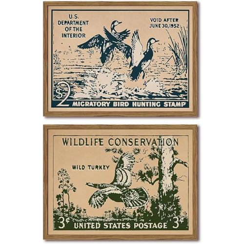 Vintage Wildlife Wall Art Set of 2, Hunter Hunting Stamp Wall Decor Paintings, Retro Rustic Bird Canvas Prints Artwork Picture Aesthetic for Living Room Bedroom Office 12x16 Inch Framed