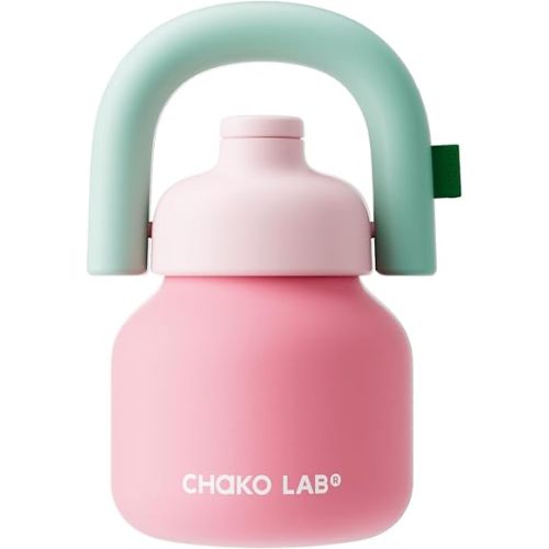 CHAKO LAB Water Bottle with Straw and Carry Handle | Wide Mouth vacuum insulated stainless steel Bottles | Reusable, leak-proof and BPA-free | 33oz(Pink&Red)