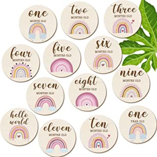 13 Pieces Baby Monthly Milestone Wooden Cards Boho Rainbow Double Sided Printed Milestone Discs Wood Gift Photo Prop Discs Sets Birth Announcement Sign for Baby Shower Newborn
