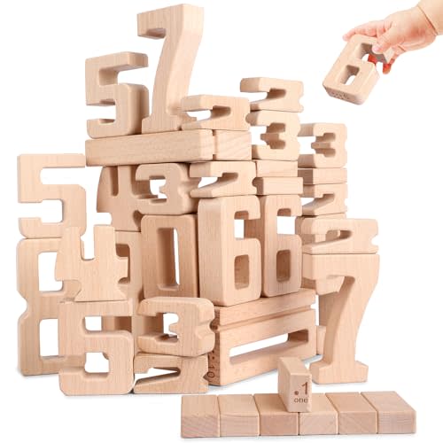 Lasoba Wooden Number Building Blocks, Large Digit Blocks 1-10, 32 Pcs Math Blocks Number Toys for Kids, Educational Blocks for Toddlers, Toys to Learn Numbers for 3 Year Olds +
