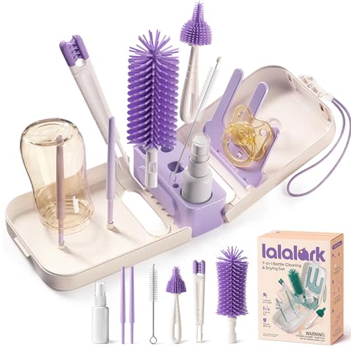 lalalark 7-in-1 Baby Bottle Brush Set, BPA Free Silicone Baby Bottle Cleaning Kit with No Scratch Dual-Headed Brush, Nipple Brushes,Soap Dispenser & Drying Rack,Travel Cleaner with Storage Case,Purple