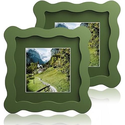4x4 Wavy Picture Frame With Mat For 3x3, Wavy Edge Wooden Picture Frame with Real Glass - Wall Mount and Tabletop Display, Green, 2 Pack