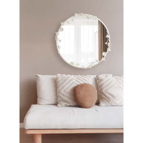 Kate and Laurel Rosella Modern Ornate Round Wall Mirror, 26 Inch Diameter, White, Circle Mirror with Floral Detailing for Use as Bathroom Mirror for Over Sink or Cute Kids Room Decor