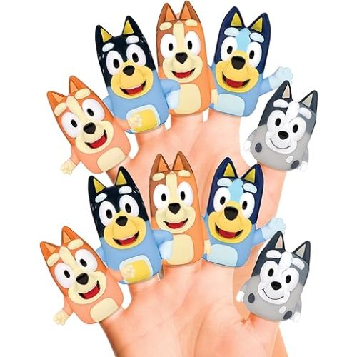 Bluey Bath Finger Puppets, 10 Pc - Party Favors, Educational, Bath Toys, Story Time, Beach Toys, Playtime, Stocking Stuffer