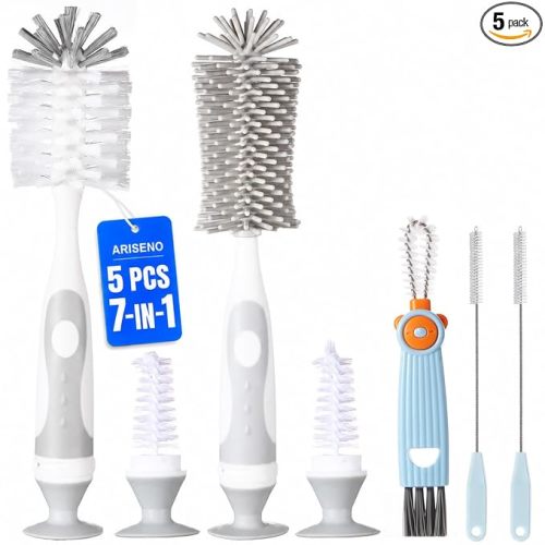 Ariseno 7-in-1 Baby Bottle Cleaner Set, Including Nylon & Silicone Bottle Brush, Cap, Straw & Nipple Brushes, BPA-Free (Gray)