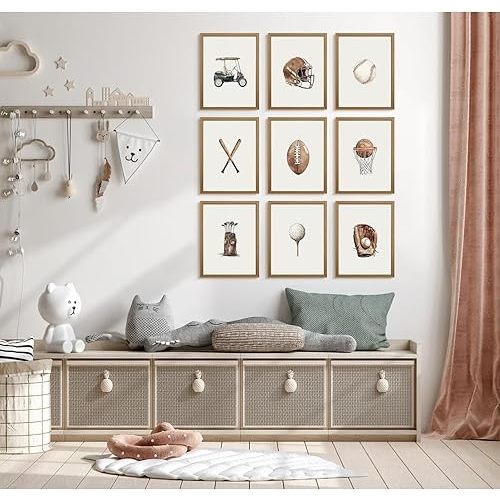 Vintage Sports Nursery Wall Art Decor Toddler Boys Room Canvas Pictures Sports Ball Wall Decor Football Baseball Prints Basketball Golf Artwork Kids Playroom Poster for Bedroom 8x10x9 Inch Wood Framed