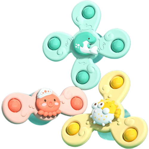 Cooift Suction Cup Spinner Toy: Cartoon 3PCS Funny Spinning Top Toy Baby Sensory Toy for Infant Toddlers Kids Boys Girls