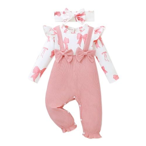 AMAWMW Newborn Baby Girl Clothes Rufffle Sleeve Romper With Headband Set | Infant Girl Outfit, Long Sleeve Jumpsuit, Soft And Breathable Material, Size 0-18 Months
