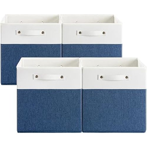 FinishingBo 13 x 13 Inch Fine Linen Storage Bins with Handles，Fabric Cube Boxs，Basket Organizers for Shelves for Home, Closet Drawers (White/Blue-4 Pack)
