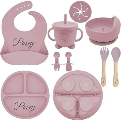 Personalized Silicone Baby Feeding Set with Engraved Name - Custom Baby Bib, Suction Plate, Bowl and Spoon - Silicone Weaning Set - Ideal First Birthday