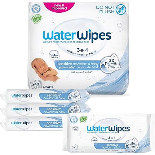 WaterWipes Sensitive+ Newborn & Baby Wipes, 3-In-1 Cleans, Cares, Protects, 99.9% Water, Unscented & Hypoallergenic, 240 Count (4 Packs)