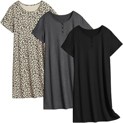 Ekouaer 3 Pack Women's Sleepshirts Soft Sleepwear Short Sleeve T-Shirt Nightgowns Casual Sleepdress Nightshirts