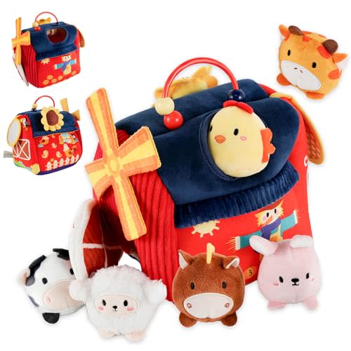 Juivin Soft Rattle Montessori Baby Toys 6-12 Months, Soft Barn Farm Playhouse with 6 Stuffed Animals, Sensory Development Activity, Toddler Learning Toys