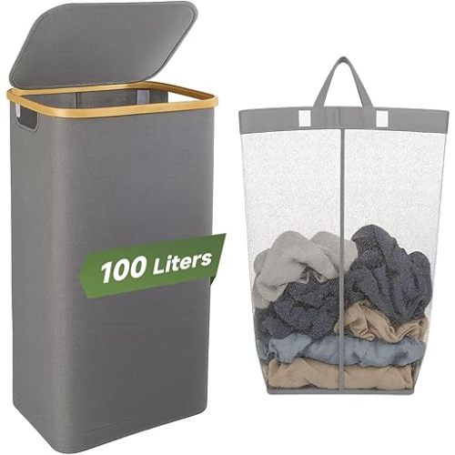 Collapsible Hampers for Laundry Basket with Lid - Extra Large 100L/26 Gallon Foldable Laundry Hamper, Portable Storage Bin for Dorm & Gym | Sturdy Dirty Clothes Hamper with Carrying Handles, Gray
