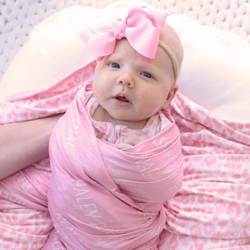 Personalized Tickle Me Pink Baby Name Swaddle Blanket - Block