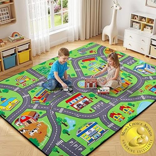 Kids Rug, 3x5 Ft City Road Play Rug for Kids – Extra Thick 0.4in Soft Non-Slip Car Carpet Play Mat with Realistic Roads for Toy Cars, Livingroom,Bedroom, Playroom & Nursery