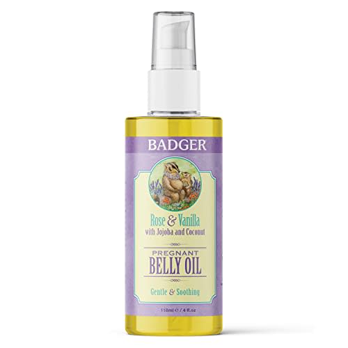 Badger Pregnant Belly Oil, Organic Stretch Mark Oil Soothes & Prevents Stretch Marks, Vegan Hypoallergenic Non-Greasy w/Jojoba, Coconut, Rose & Vanilla, 4 fl oz Glass Bottle