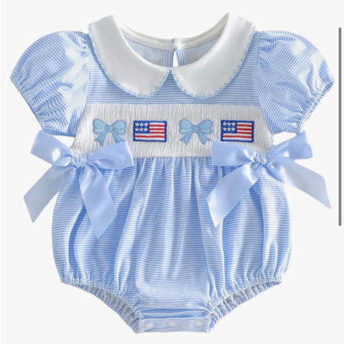 Adobabirl My First Halloween Baby Girl Outfit Ghost Embroidery Bubble Romper Short Sleeve Bow Jumpsuit Smocked Clothes