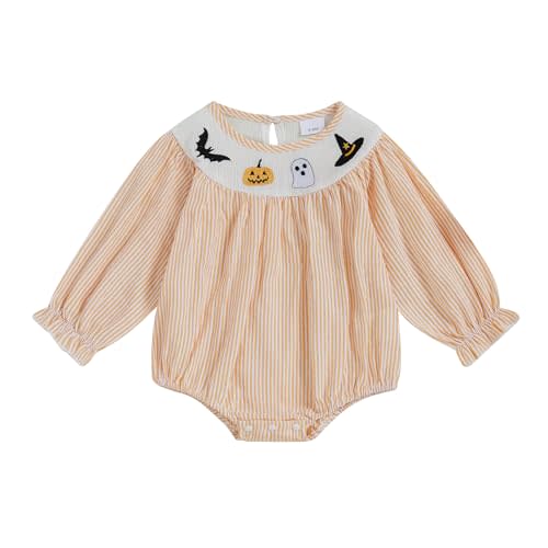 My First Halloween Baby Girl Outfit Pumpkin Bubble Romper Long Sleeve Smocked Jumpsuit Cute Fall Clothes