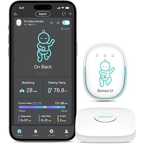 Sense-U Pro Baby Monitor(Long Range) – Tracks Breathing Movement, Rollover & Temperature Anywhere for Better Sleep, Simple Clip-On Smart Tracker with Arousal Vibration, Audible Alerts & Sleep Analysis