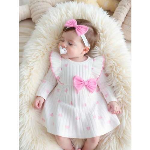 SHEIN 0-9M Newborn Baby Girls Casual Multifunctional Comfortable Cute Sweet Round Neck Long Sleeve Dress, With Soft Lovely Heart Pattern Bow Baby Set, Baby Girls Dress + Headband, Baby Girls All Season Outfit, Baby Girls Clothing | SHEIN USA