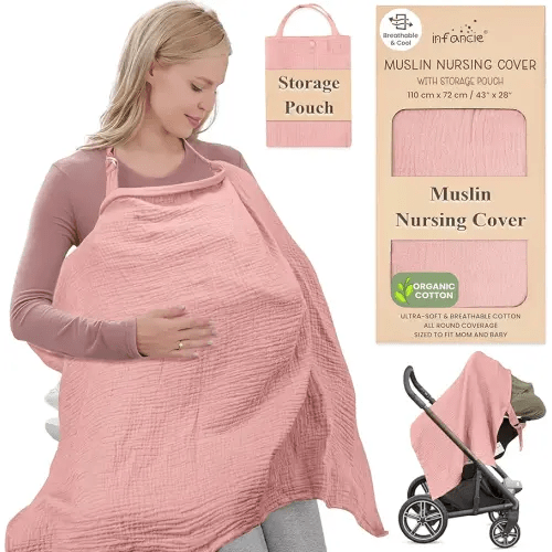 Premium Organic Breathable Muslin Nursing Cover for Breastfeeding - Privacy Breast Feeding Covers for Women - Multi-Use Nursing Cover Up - Soft & Lightweight Breastfeeding Covers (Pink)
