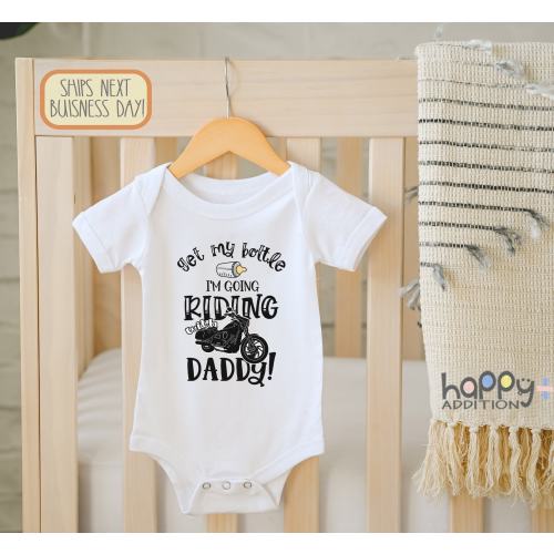 Personalized Motorcycle Baby Outfit: Riding with Daddy, Grandpa Custom Name Bottle Onesie® Brand Harley Davidson