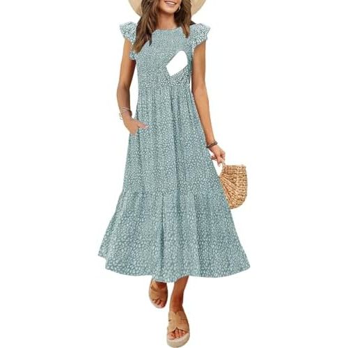 Women's Nursing Dress Flutter Short Sleeve Crew Neck Smocked Elastic Waist Tiered Midi with Pockets