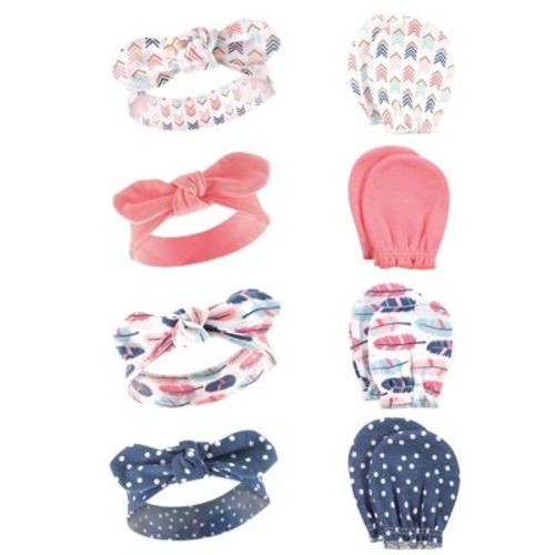 Hudson Baby Infant Girls Cotton Headband and Scratch Mitten Set, Feathers, 0-6 Months