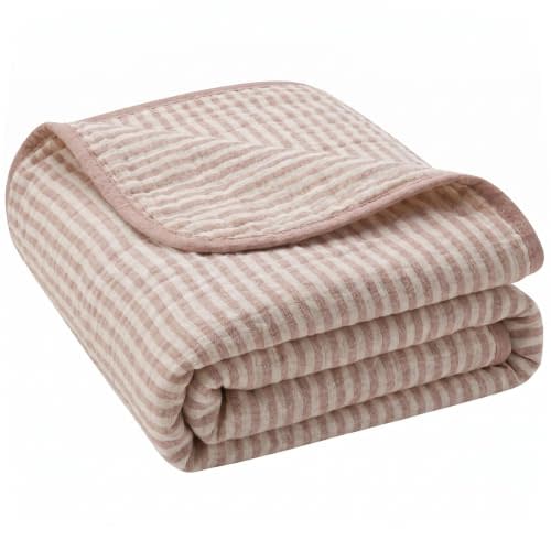 Ultra Soft Muslin Baby Blanket - Organic Cotton Blend (Pink Stripe) | 43x43 Inches, 6-Layer Jacquard Weave, Lightweight Swaddle Blanket, Toddler & Crib Quilt, Cute Baby Girl Gift, Curated Box