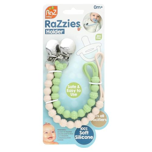 RaZbaby Silicone Pacifier Holder 2 Pack, RaZzies Durable Textured Lanyard Fits Most Pacis Toys, 100% Soft BPA-Free Silicone, Attachable Clasp, Universal Fit, Lightweight – Tan/Green