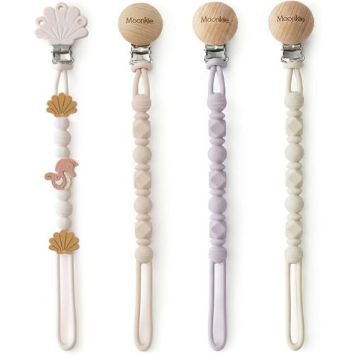 Moonkie Silicone Pacifier Clips for Baby – Durable One-Piece Binky Holder, Mixed Styles Paci Clips, Baby Essentials for Newborn Boys & Girls - 4 Pack (Sunset Shore)